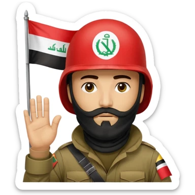 surrenders, depicts an Iraqi soldier from 1980, with a beard, in a helmet, a helmet with sign flag Iraq, with a balaclava, with sad eyes and both hands raised up sticker