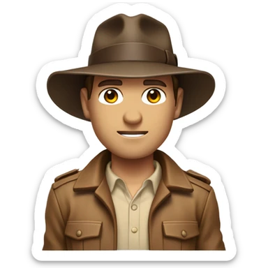 White Indiana Jones with a brown jacket and a brown hat, beige shirt sticker