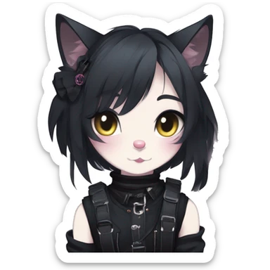 Gorgeous gothic dark techwear anime style anthro cat with blushing face aesthetic and pretty edgy black with collar and harness trending style sticker