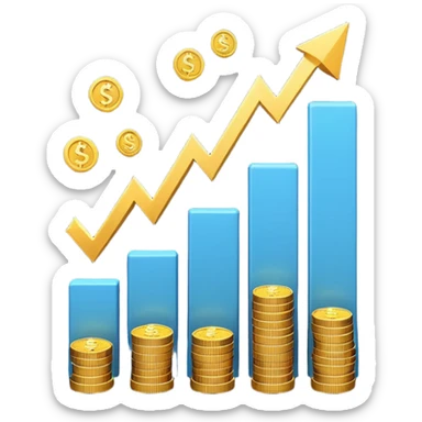 3D emoji-style bar chart showing $10K → $800 and $20K → $1,600 returns, coins and dollar signs flying upward, minimalist light background sticker