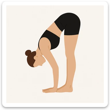 Minimalist flat vector illustration of a woman doing yoga in forward fold pose (Vrischikasana), wearing sportswear (black top and black shorts), brown hair in a bun, clean white background, no face details, elegant style sticker