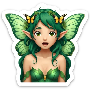 Cinematic Realistic Forest Nymph Fairy Portrait, head tilted slightly with a dramatic, wide-open yawn, revealing a tender, relaxed visage with finely detailed tanned skin and flowing, vine-adorned dark green hair gently framing her face. Her sleepy eyes exude a serene, dreamlike quality as soft natural sunlight filters through the canopy, showing her large butterfly wings from her back capturing the essence of a drowsy yet captivating forest nymph drifting into peaceful slumber. sticker