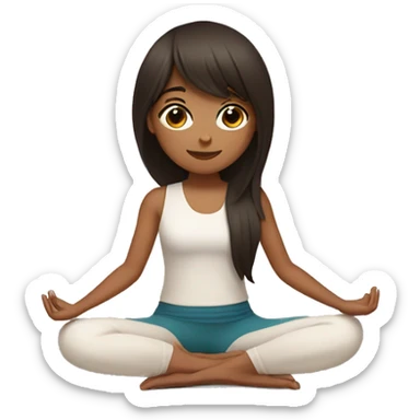 A girl with brown dark long hair, bangs and black eyes doing yoga sticker