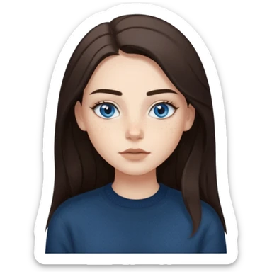 Сделай девушку с голубыми глазами, веснушками, с длинными тёмными волосами, пробором на бок, помадой темно - бежевой. Брови густые. Одежда - кофта чёрная sticker