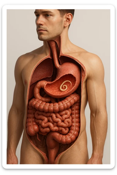 a 3D cutaway view of the human digestive tract, showing an Anisakis larva attached to the stomach or intestinal wall. in a man sticker