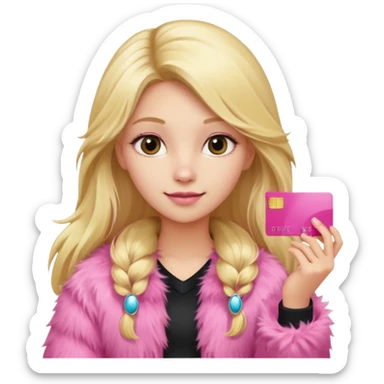 blonde long-haired girl in pink fur, holding a pink credit card sticker