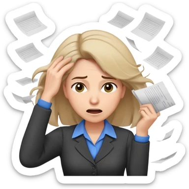 female teacher pulling her hair with stressed face, papers flying everywhere sticker