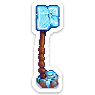 a pixel art pickaxe like in Minecraft game, blue rectangular diamond ore shape, isometric view sticker