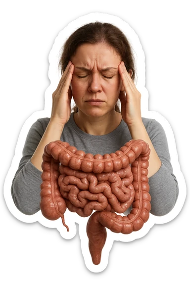 donna molto stanca e stressata che si massaggia le tempie con intestino umano anatomico realistico in evidenza, sfondo bianco, iperrealistico 4k sticker