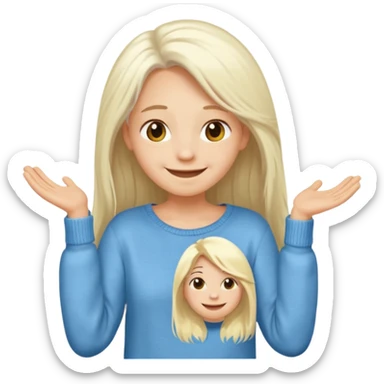blond person with long white hair, smiling, taking off a sweater, simple features, emoji style sticker