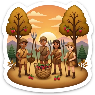 A simple, flat-style illustration of a small group of people with spears and baskets, gathering berries and hunting a deer, surrounded by trees and a sunset—emoji aesthetic, warm earth tones. sticker