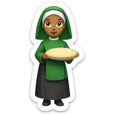 a nun wearing green holding a shepherd pie sticker