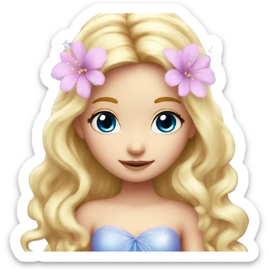 Fairy, a blonde hair with blue eyes and a pink dress with sparkly wings. Flowers. White wings. The fairy has long, curly hair with a lot of volume sticker