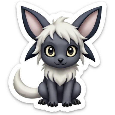 Absol-Umbreon, long thick black ears, no Scapha, black long tail, black eyes, white fur, black claws, cute big eyes, adorable sticker