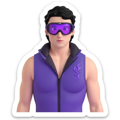 male athlete with white skin and moderately curly black hair on top with shaved sides, wearing ski goggles with purple frames and very dark black lenses, a simple plain black chain necklace, and a completely unzipped sleeveless vest with purple and black sequin fire pattern design, fully revealing his chest, shoulders and arms, no earrings sticker