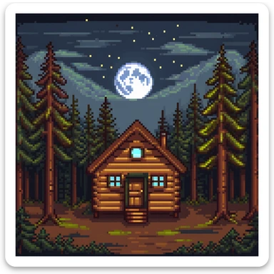 cozy wooden cabin in dark pine forest with moonlight sticker