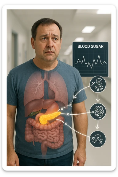 a middle-aged man stands in a clinical setting, with a semi-transparent overlay showing his internal organs. His pancreas is highlighted, and glowing lines or icons indicate disrupted insulin signaling between the pancreas and muscle or fat cells. The man’s expression is slightly concerned, and a digital chart beside him displays fluctuating blood sugar levels. The lighting is realistic, with a clean, modern medical background. sticker