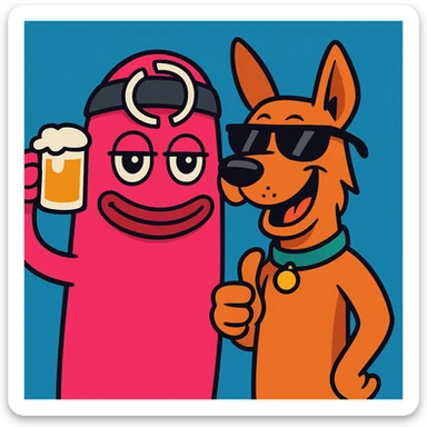 Add a funny cool cartoon dog next to the character in a vibrant, colorful, and humorous cartoon style as shown in the reference image. sticker