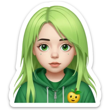 Billie Eilish with signature green roots, neutral face, pop music theme, Apple emoji style sticker