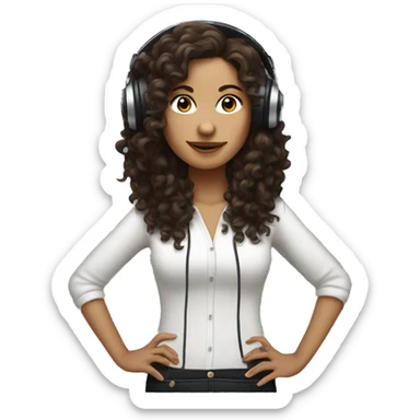 White woman with long dark brown curly hair DJing sticker