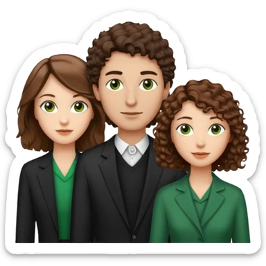 Man in the middle with brown straight hair and green eyes, women next to him with short brown hair with slight waves, tall women on right side with shoulder length curly hair and brown eyes sticker