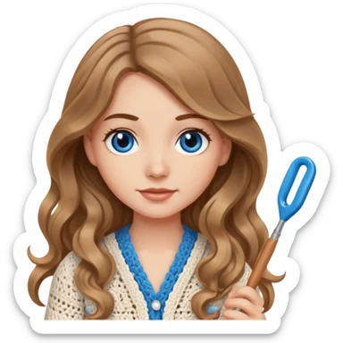 White Girl with light brown wavy long hair and blue eyes with a crochet hook sticker