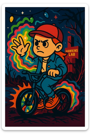 Stranger Things character in vibrant toon style, full color. Character with bicycle, Eleven's powers, dynamic pose, Upside Down background, colorful and lively, variation 4. sticker