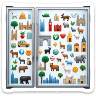 Icon for Magnet Collecting: a close-up of a fridge door covered with a variety of magnets, featuring cities, animals, symbols. The icon should highlight the diversity and charm of magnet collections. Transparent background. sticker