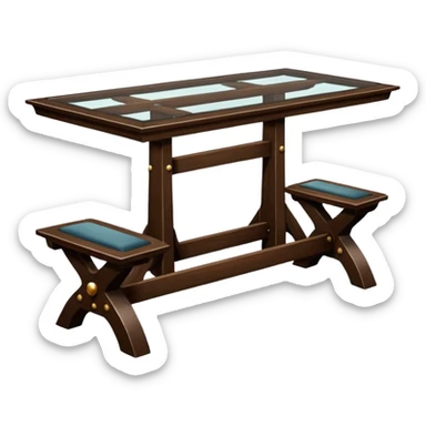 A glass topped rectangular trestle table with a bench on each long sided  and a high-backed throne on each short side sticker