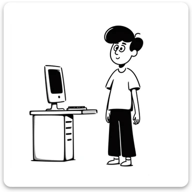 A young guy with a confused expression staring at a vintage desktop computer with bulky CRT monitor and old tower sticker