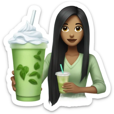 female with long black hair holding an iced matcha sticker