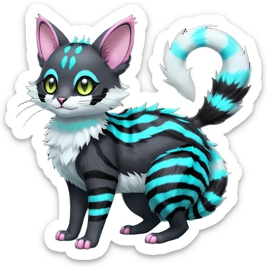  cute adorable pitch-Black-coated fur with glowing bioluminescent random colorful neon-markings iridescent beautiful elegant pretty precious cute young youthful  Fakémon-Pokémon-alien-opossum-feline-serval-caracal-chinchilla-Minccino-hybrid-creature with a big fluffy bushy striped tail (full body) sticker
