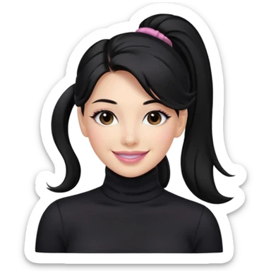 a woman with long sleeve turtle neck top and smile, her hair is long black pony tail, her eyes color are black and the color of her lip is soft pink sticker