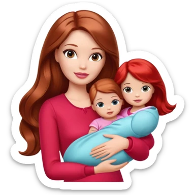 A barbie girl with makeup with brown hair long with a baby, a daughter, a girl with red hair, holding her hand in red clothes sticker