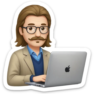 A DEVELOPER WITH A laptop, USING inFORMAL CLOTHES, long hair, mustache sticker