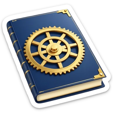 A navy blue book with gold details, metallic edges, and a golden gear with a chart with upward trend on the cover, radiating productivity, strategy, and success in motion- sticker