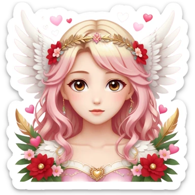 Dreamy pretty pastel anime flowers feathers hearts wings angelic laurel lady with pretty hair and gorgeous eyes, romantic aesthetic, reds, pinks, golds, whites, gradient hues, shiny, sparkly, cute, beautiful, sexy sticker