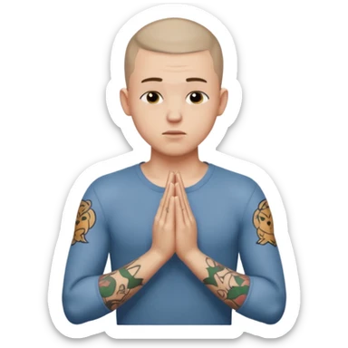 A 20 year old white man with a buzz cut and tattoos all over his arms and chest. Pleading face with hands praying  sticker