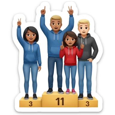 winners podium with three multi-racial people, center step higher, no numbers, all in jeans and hoodies, center person raises one finger on each hand, excited, fun, expressive emoji style sticker