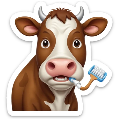 A cow brushing its teeth, looking sleepy and drowsy, portrait, bust up sticker