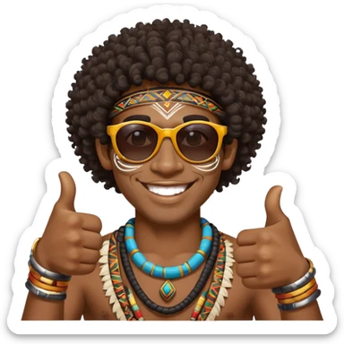African Black tribal man with curly hair, traditional tribal face paint, wearing sunglasses, smiling, thumbs up sticker