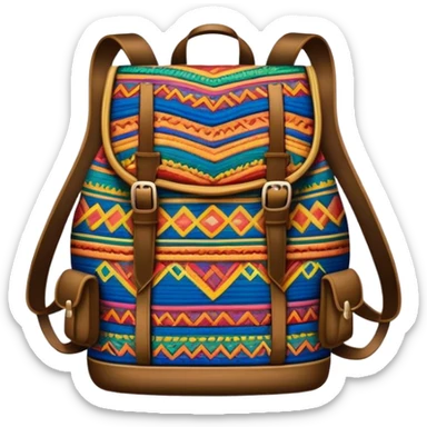 Cinematic Realistic image of a traditional Colombian mochila, rendered with detailed woven textures and vibrant patterns, set against a rustic backdrop with soft, cultural lighting sticker