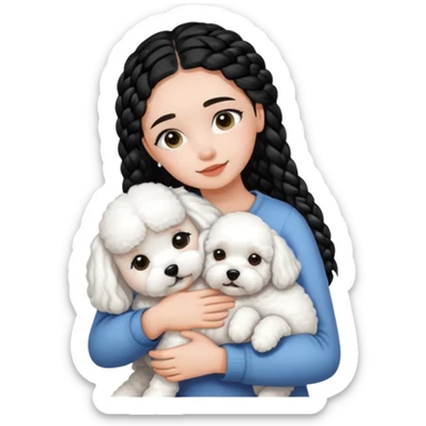 A girl with the black braids has straight hair ,hugging a Bichon frise sticker