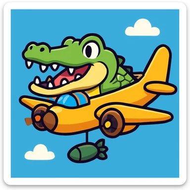Create an emoji-style version of this image: a crocodile merged with a bomber airplane, flying in the sky, playful and cartoonish sticker