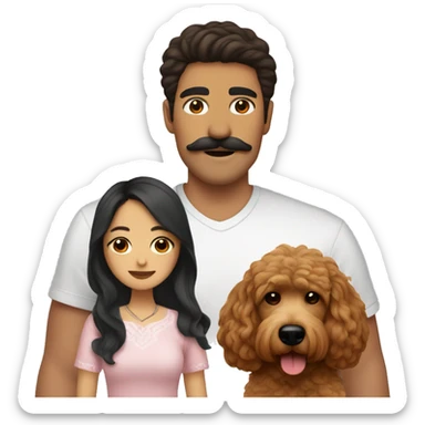 Mexican guy mustache with brown hair and asian girl with long black hair holding red goldendoodle sticker