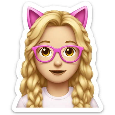 Nerd with pink glasses and long blond hairs and pink headset with cat ears sticker