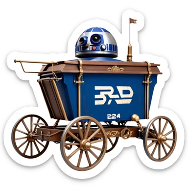Old American West tarnished R2D2 bounty hunter in 1854 delicately ornate rosegold accents painted buggy buckboard wagon powered by electric motors and batteries with safety features and belts flying rapidly across rough dusty terrain stable on strong agile futuresteampunk suspension and steering  sticker