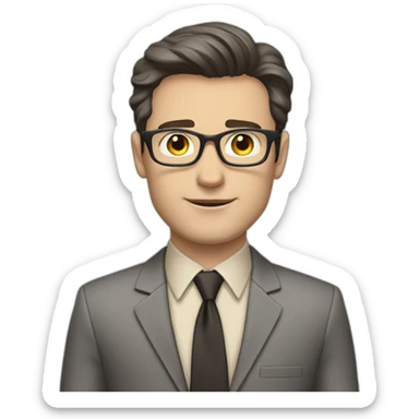 Full height Pale skinned Fit Man With dark brown hair in classic gray suit, beige office shirt, dark gray tie, and vintage glasses. His hands lock sticker