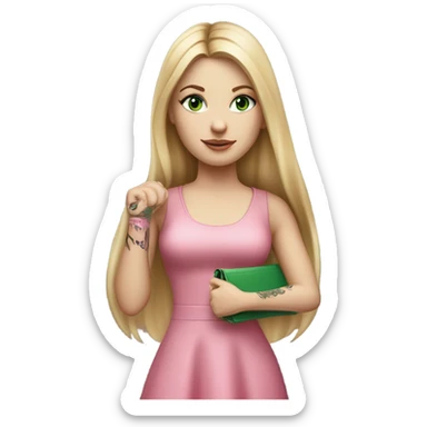 Realistic White girl with Long straight blonde hair, green eyes, tattoos, full body wearing pink dress, holding pink handbag sticker