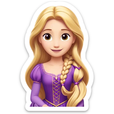 Cinematic Radiant Rapunzel Portrait Emoji, rendered in a flat vector style with clean proportions. Show Rapunzel with a gentle smile, fair, glowing skin, and her iconic long golden hair cascading softly, wearing a simple, elegant purple dress. The image radiates a warm, enchanting glow, high shine, and is accentuated by a soft glowing outline. sticker
